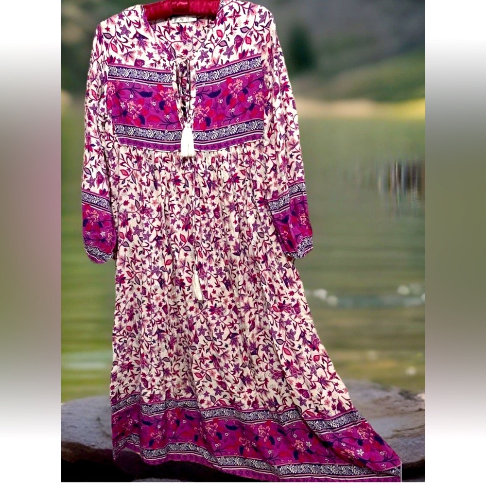 R Vivimos Dress S Pink Purple Paisley Boho Hippie Tassel Tie Flowy Rayon Midi